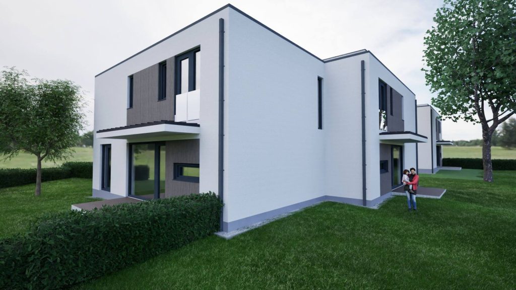 Eladó új építésű lakás Budapest XI. kerület – Spanyolrét Gardens modern családi ház bal oldali nézetből, zöld kerttel